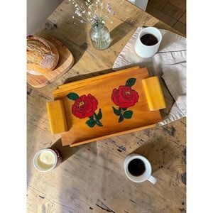 Vintage Hand-Painted Rose Wooden Serving Tray – Folk Art Breakfast Tray